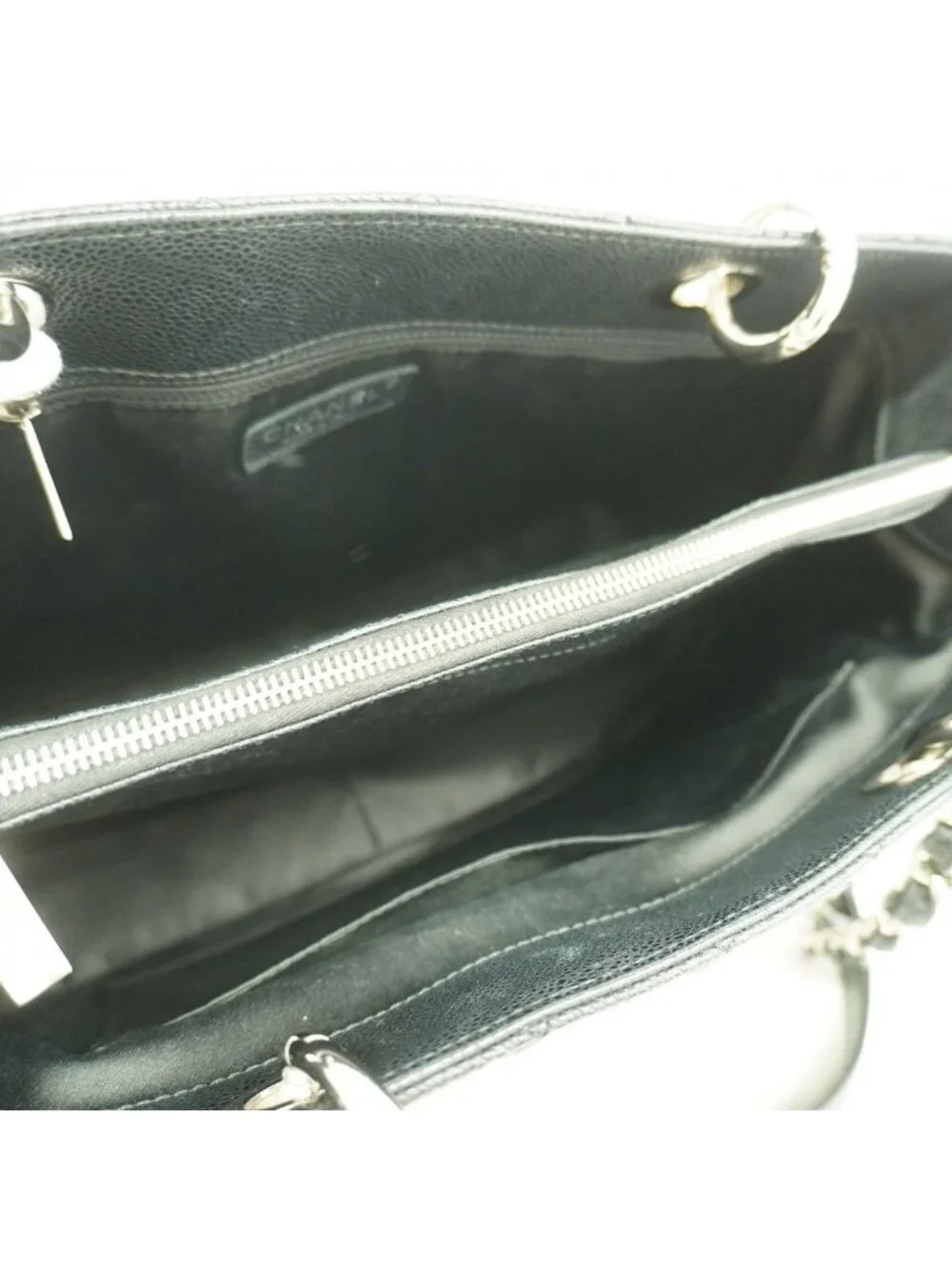Chanel Chain Tote Quilted Caviar Leather Black Silver